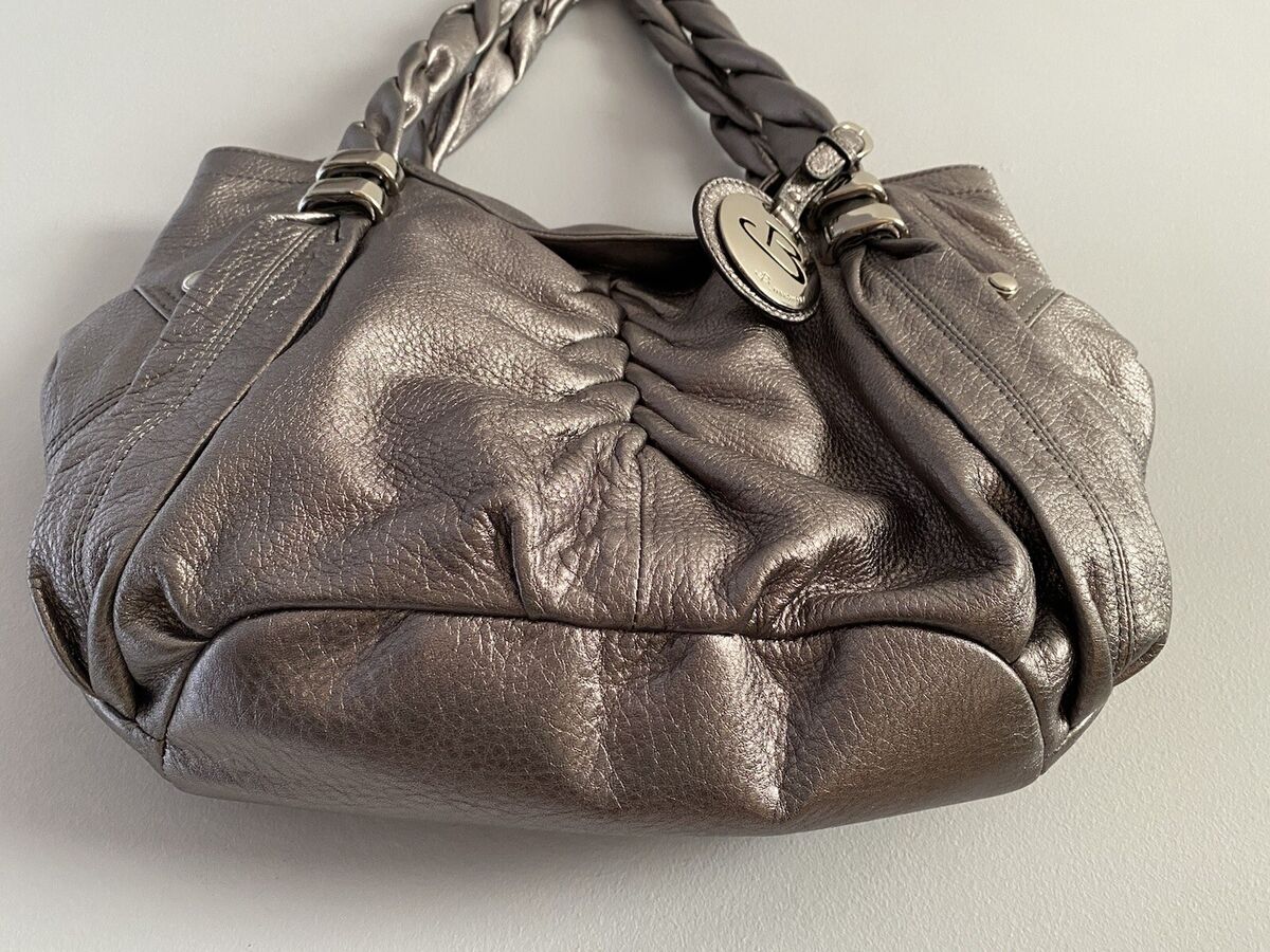 B Makowsky Silver Metallic Leather Chain Satchel Shoulder Handbag Bag Purse  | eBay