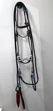 BROWN LEATHER WESTERN BRIDLE, BIT & NEW ROUND NYLON REINS W LEATHER SPANKER ENDS
