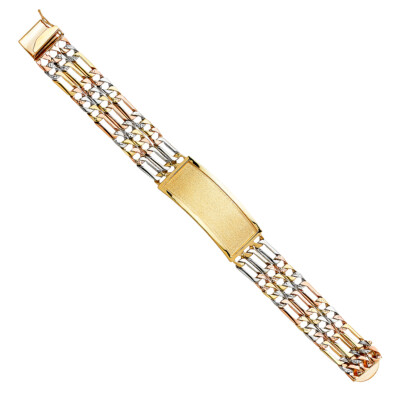 Ioka - 14K dreifarbiges 3L Nugget Figaro Glieder ID Armband - 8,5''