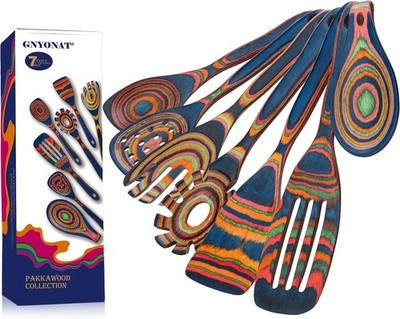 Pakkawood Blue Wooden Kitchen Utensil Set, 7-Piece Cooking Spoons, Non-Stick ...