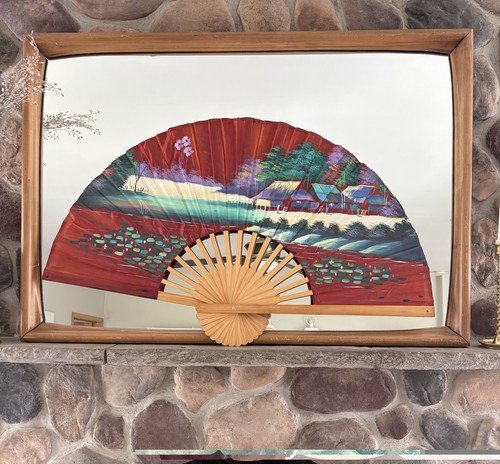 Large Asian Decorative Fan Bamboo Fabric Handpainted Landscape Scene  40”x24”