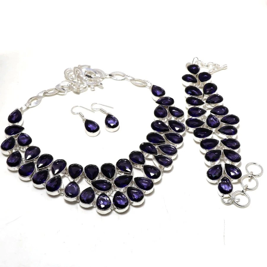Faceted African Amethyst Pear Shape Gemstone Fashion Ethnic Necklace Jewelry Set - Image 2 of 4