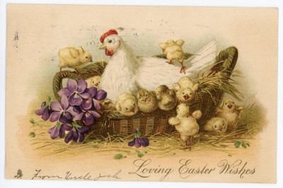 Vtg TUCKS Easter Postcard  Hen & Chicks Basket Violets # 1234 PM 1906 NY