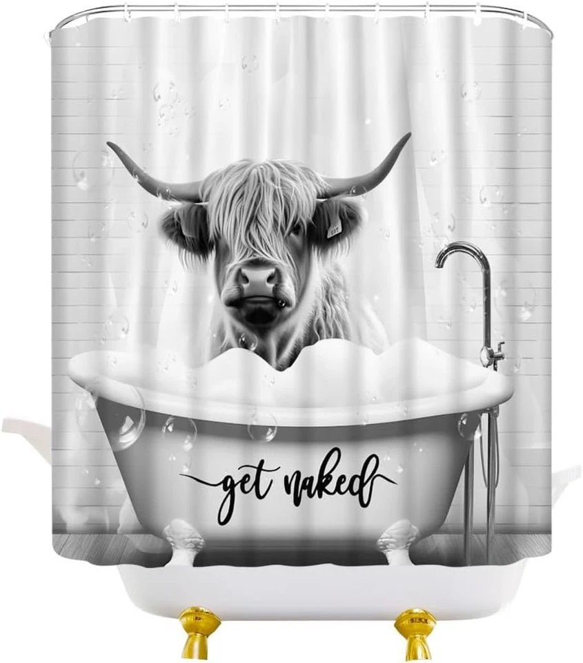 Cortina de ducha Highland Cow - Diseño de granja juguetón, 70x70 con ganchos Foto 4 de 4
