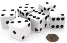 Set of 6 D6 25mm Large Opaque Jumbo Dice - White with Black Pip by