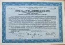 United Cigar Whelan 1945 Stock Scrip Certificate Tobacco Store Shop