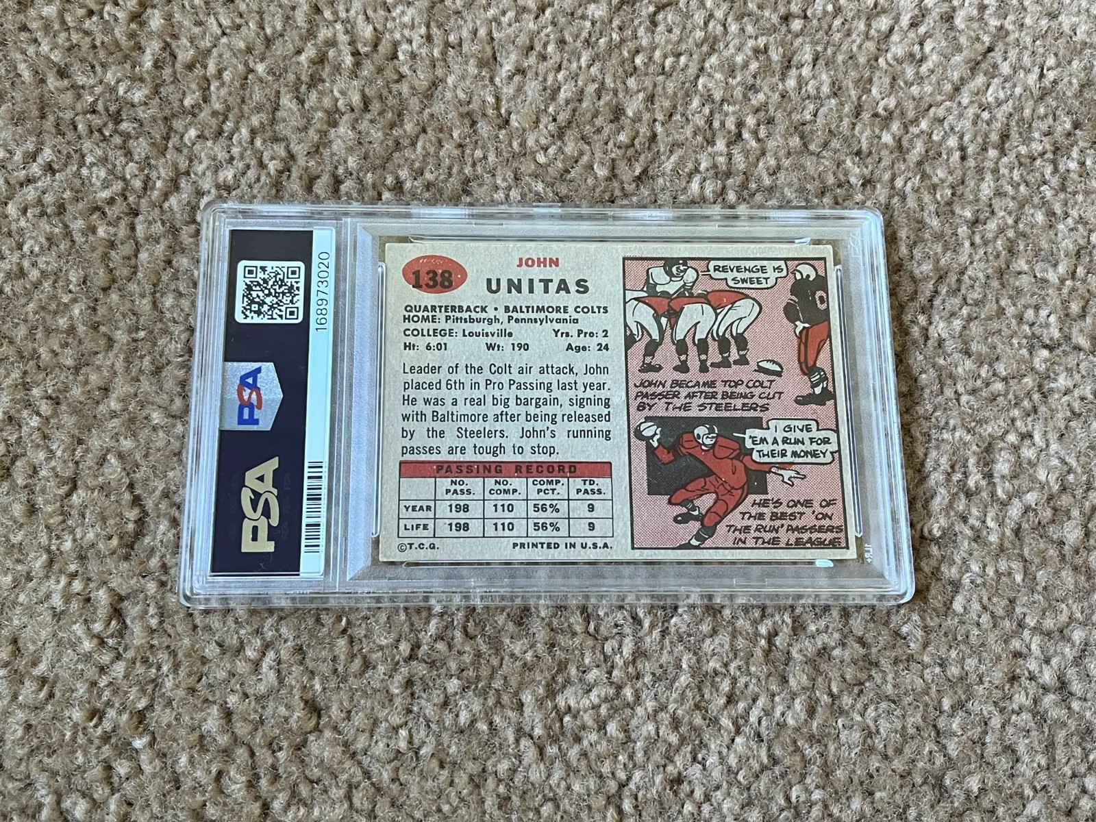 1957 Topps #138 John Unitas Baltimore Colts Rookie HOF Freshly Graded PSA 1 view 3