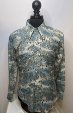 Mens 16.5 / 34 Vintage  Woven Shirt  Poly 70  s Disco Retro Birds All Over Casual