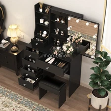 Vanity Desk with Stool 6 Drawers 10 LED Lights Sliding Mirror Dresser Set Black