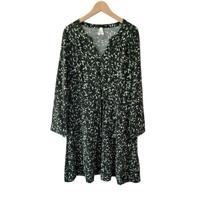 Pact Cafe crepe tiered dress XL green cream woven cotton pockets NWOT
