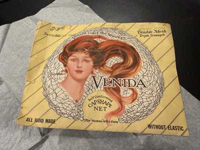 Vtg 1920s HUMAN HAIR NET by VENIDA, HAND MADE, MEDIUM BROWN, NOS. MINT in PKG