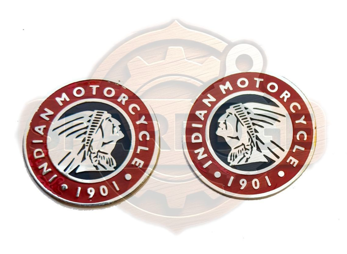 New Vintage Brass Chrome Indian Motorcycle 1901 Small Round Badge LH/RH Set
