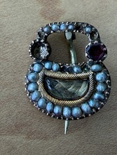 Antique Georgian Victorian Woven Hair Mourning Brooch Seed Pearl Locket Garnet