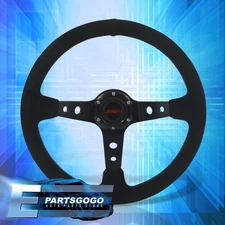 Universal JDM Sport 14" 350mm Black Suede BLU Stitching Deep Dish Steering Wheel