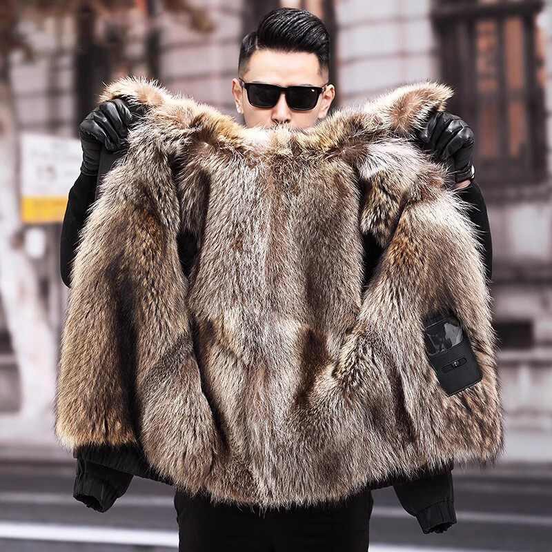 Winter Men Faux Raccoon Fur Collar Lining Coats Parka Hooded