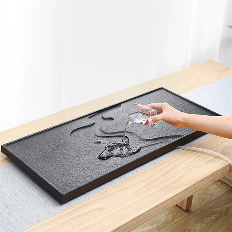 China Black Stone Tea Tray Engraved Serving Tray Water Draining Tea Boat Heavy - Image 3 of 4