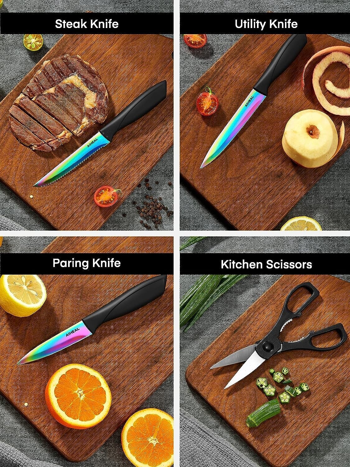 Premium Super Sharp Rainbow Knife Set - Titanium Coating - Kitchen Scissors