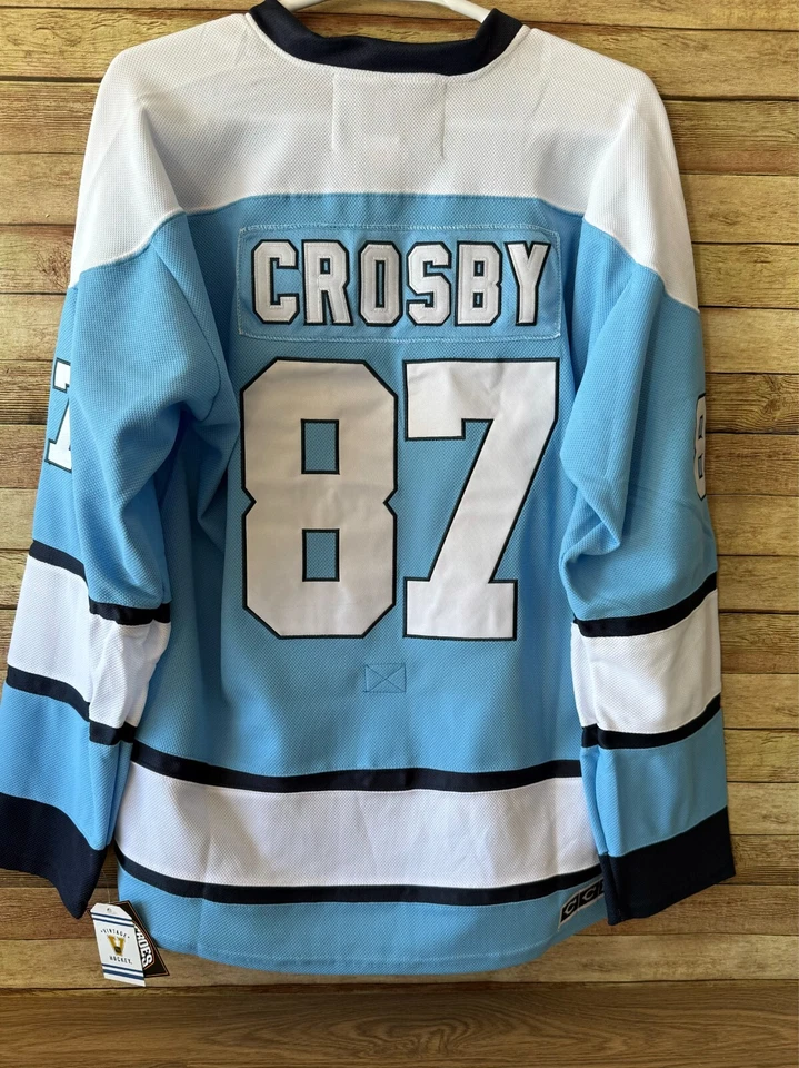 Camiseta deportiva Crosby Pittsburgh Penguins azul y blanca 1968-'71 retro CCM NHL (52) Foto 3 de 4
