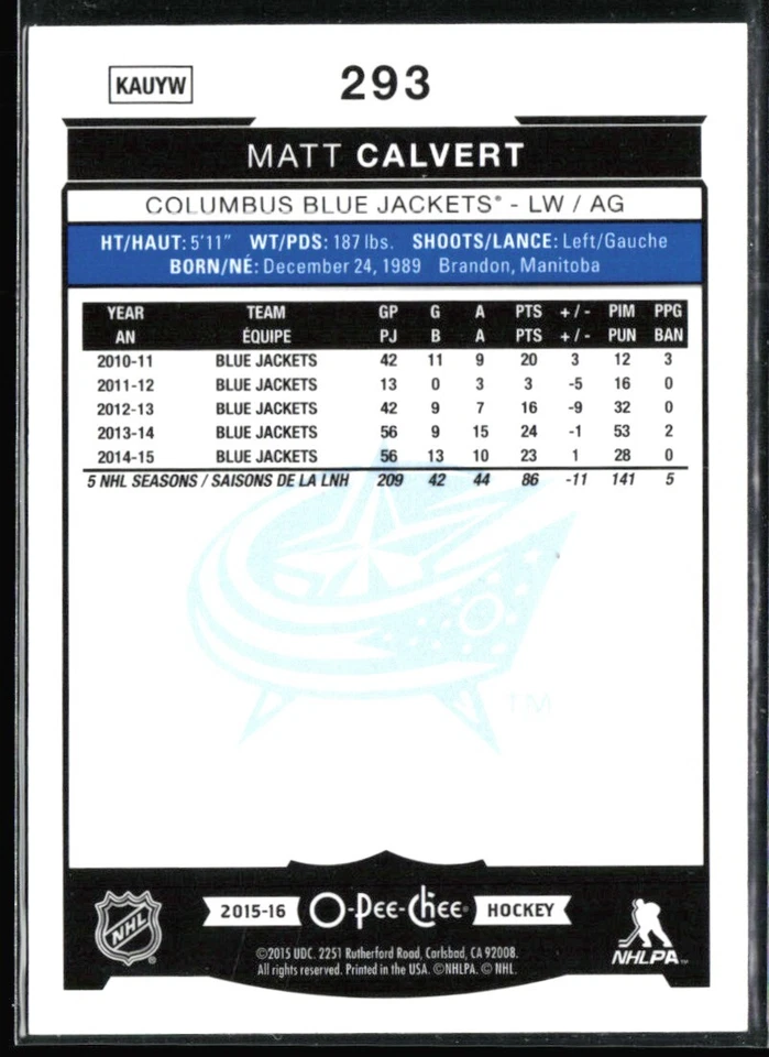 2015-16 O-Pee-Chee Matt Calvert #293 H3R2G - Image 2 of 2