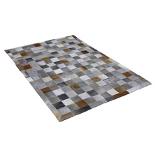 New Brazilian Gray, Brown, & White Block Cowhide Rug Patchwork Size 4x6 feet
