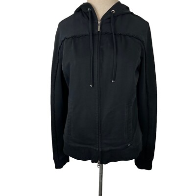 ESCADA SPORT womans size Medium Black hoodie full zip track jacket ruffle trim