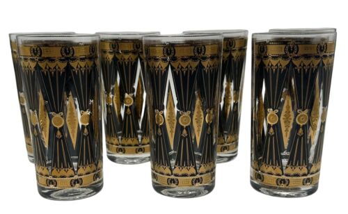 Vtg Set 7 Culver Black Gold Highball Glasses Tumbler MCM Curtain Diamond RARE - Picture 3 of 22