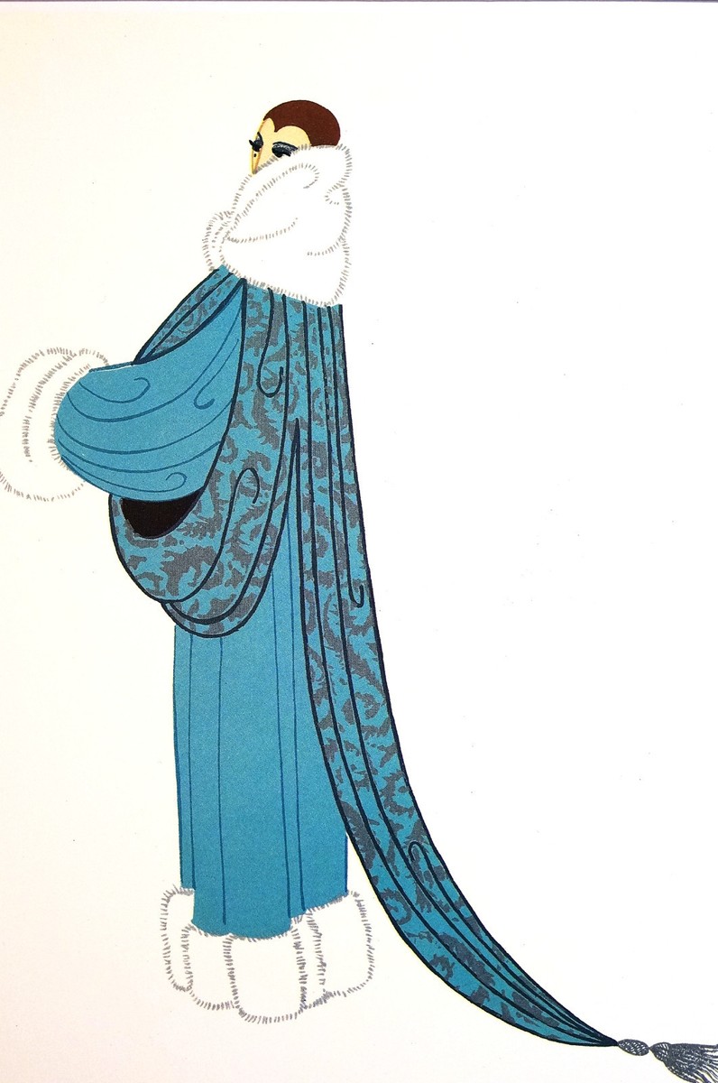 erte elegance dress up Erte 1982 ELEGANCE Lady WHITE FOX FUR COLLAR EVENING COAT Art Deco Print  Matted