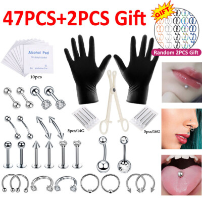 42-47pcs Mixed Piercing Kit 14G 16G Nose Septum Belly Tongue Rings Tools Needle