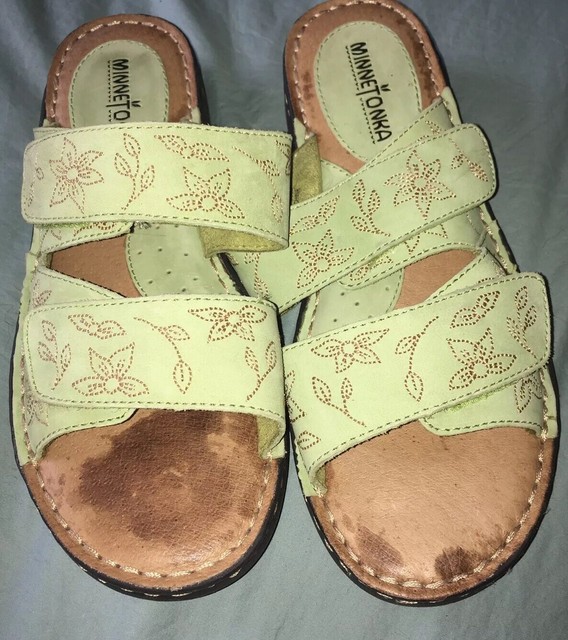 MINNETONKA Women 9 Sandals strappy adjustable slip on slides LIME GREEN leather | eBay