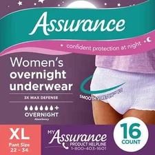 Assurance Women’s Incontinence & Postpartum Underwear, XL, Overnight, 16 Ct