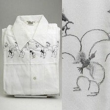 M 1950s Mens NOS White Loop Collar Embroidered Bird Shirt Long Sleeve Shirt 50s