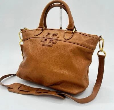 TORY BURCH Sac Cabas Cuir Logo 2way Bandoulière Femme Marron Authentique - Photo 1/4