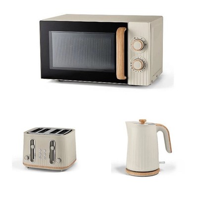 Creme & Holz strukturiert Scandi Wasserkocher Toaster und Mikrowelle Set stilvolle Küche