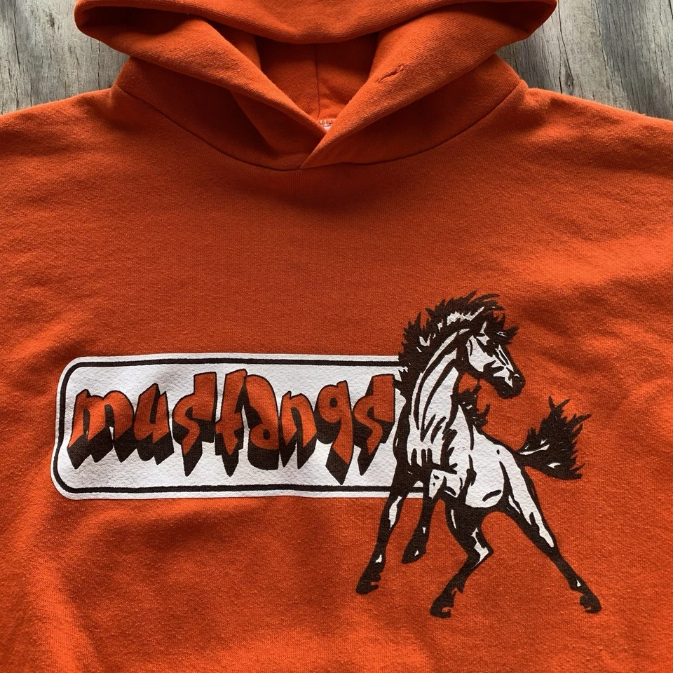 Винтажная спортивная оранжевая толстовка с капюшоном 90-е 2000-е Y2K Russell L Mustangs лошадь природа животные - Изображение 4 из 4