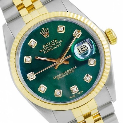 Rolex Mens Datejust Gold Steel 36mm Watch Green Diamond Dial Fluted Bezel 16233