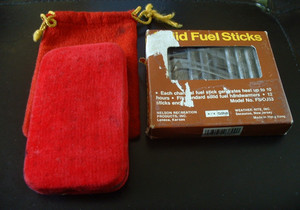 Solid Fuel Hand Warmer /Pocket Warmer Red Velvetpouch and 18 fuel sticks - used
