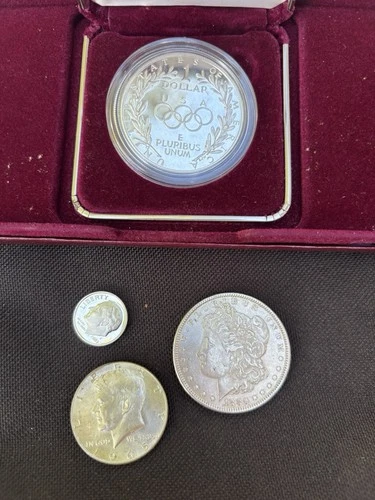 1880 Morgan Dollar 1$ 1988 Olympic Silver 2003 90% Proof Dime 1965 Half Dollar