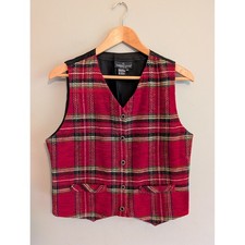 Vintage Red Plaid Button Front Vest Waistcoat Medium Holiday Eclectic Grandma