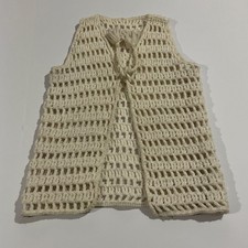 Vintage Handmade Crochet Vest Cream Open Front Tie Tassels Boho 70s Style
