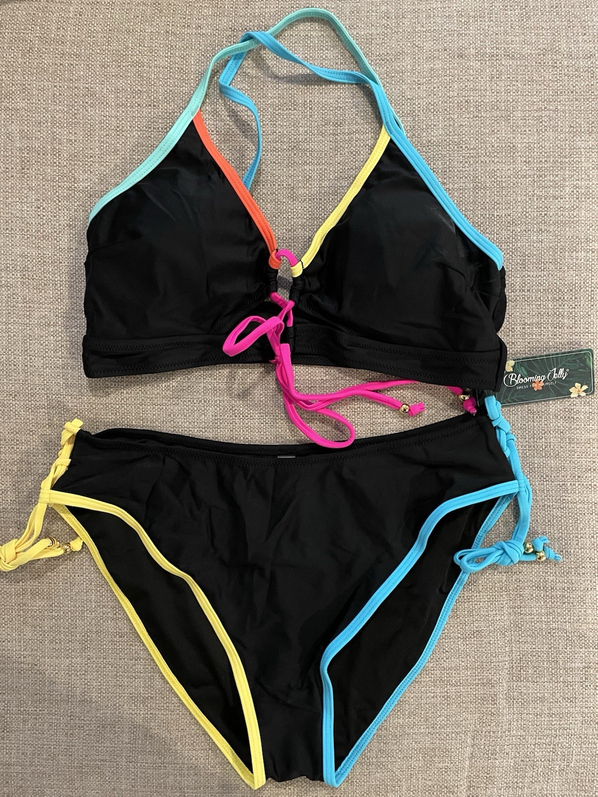 Blooming Jelly Two Piece Bikini Swimsuit Women’s Size L Neon Tie Back NWT