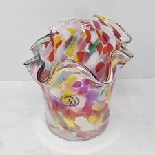 Zorza Poland Hand Blown Confetti Art Ruffled Edge Vase Glass Polish Handkerchief