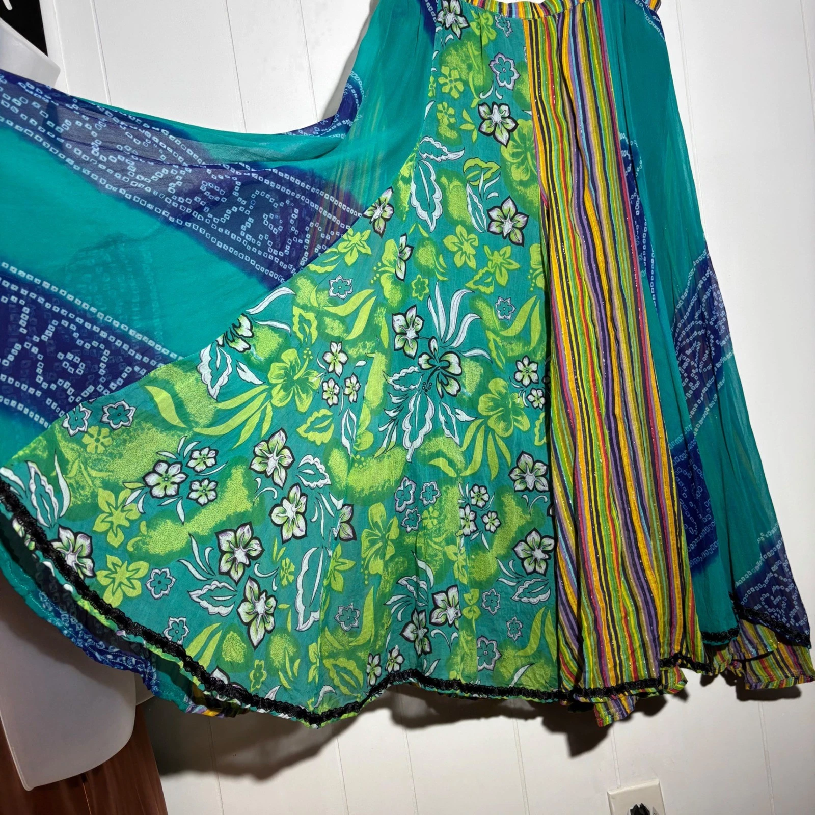 Mixed Media Boho Patchwork Floral Stripe Glitter Maxi Skirt Teal Green L Whimsy