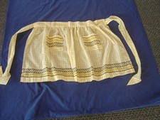 VTG Handmade YELLOW  White Gingham Half Apron Cross Stitch W Pockets.