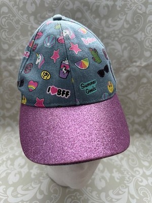 Youth Denim-Style Baseball Cap With Glitter Pink Brim & Fun Summer Graphics