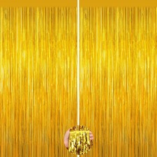 Gold Tinsel Backdrop Decorations, 2Pack Foil Curtain Backdrop Gold Streamers ...