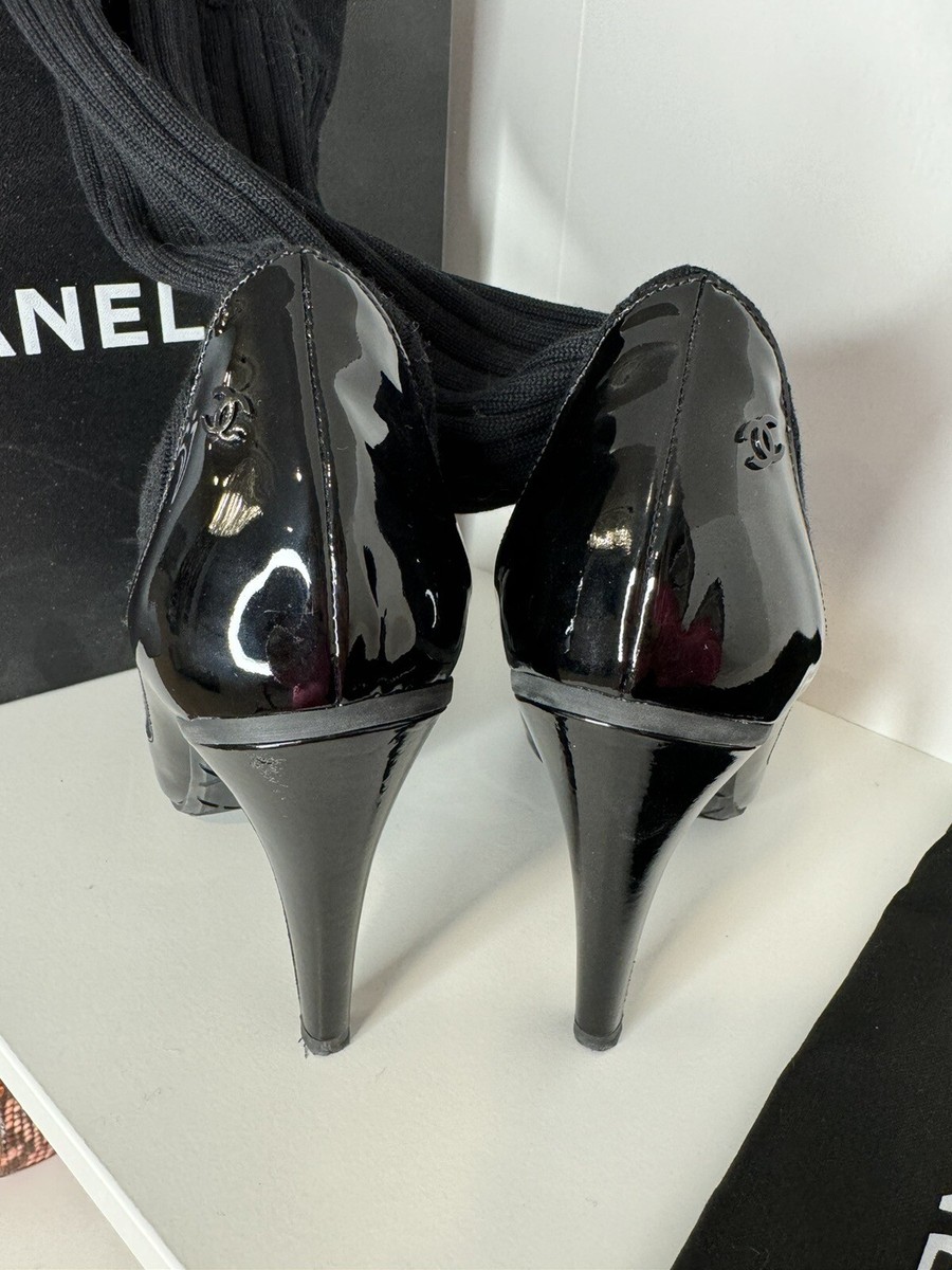 Chanel Black Patent Leather Heel Sock Legwarmer Boots 37 | eBay