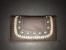 Montana West Wallet Brown Tri-Fold Tribal WhipStitch/Faux Turquoise