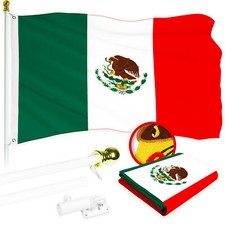 G128 Combo: 5 Ft Flagpole White  Mexico Flag 2.5x4 Ft Embroidered 300D Poly