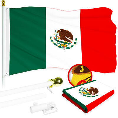 G128 Combo: 5 Ft Flagpole White & Mexico Flag 2.5x4 Ft Embroidered 300D Poly