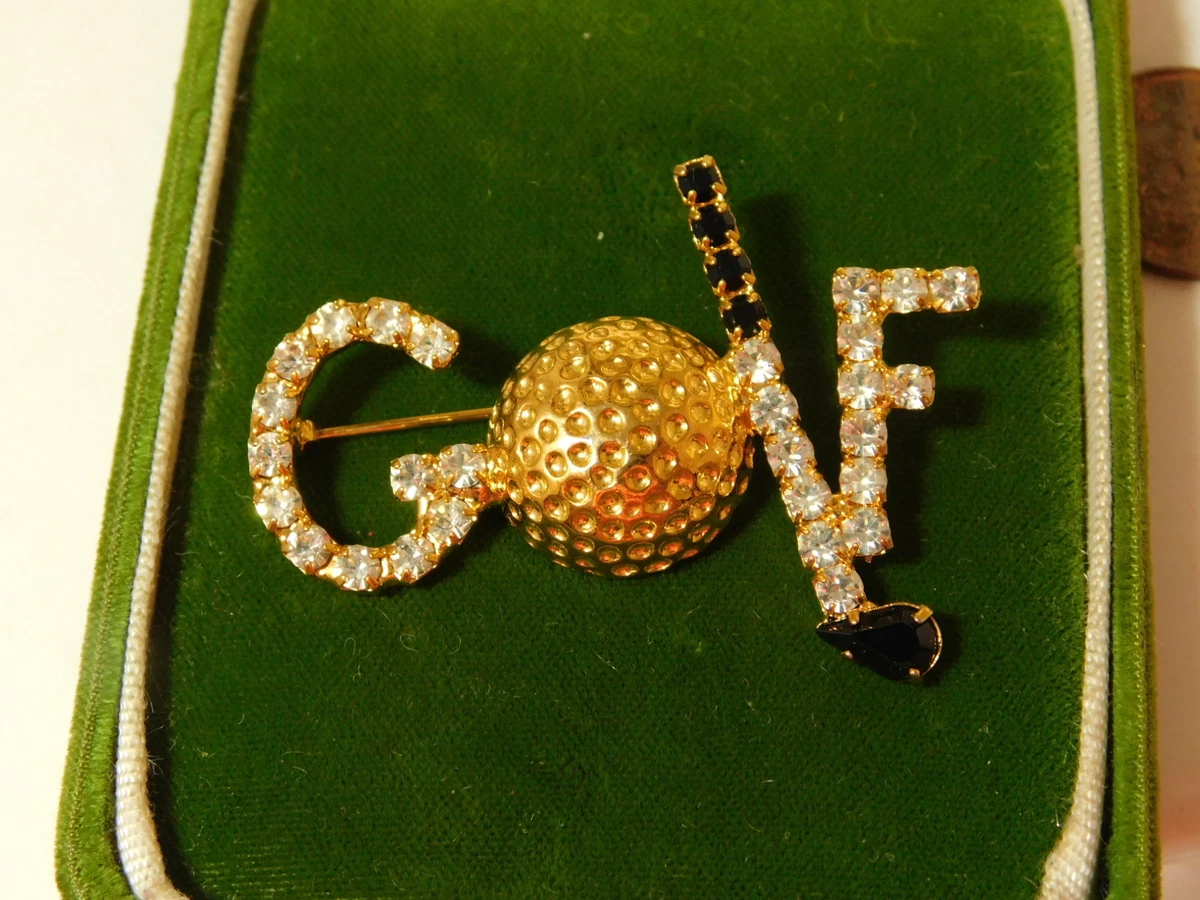 Sparkling Black Clear Rhinestone GOLF Ball Club Gold tone Brooch